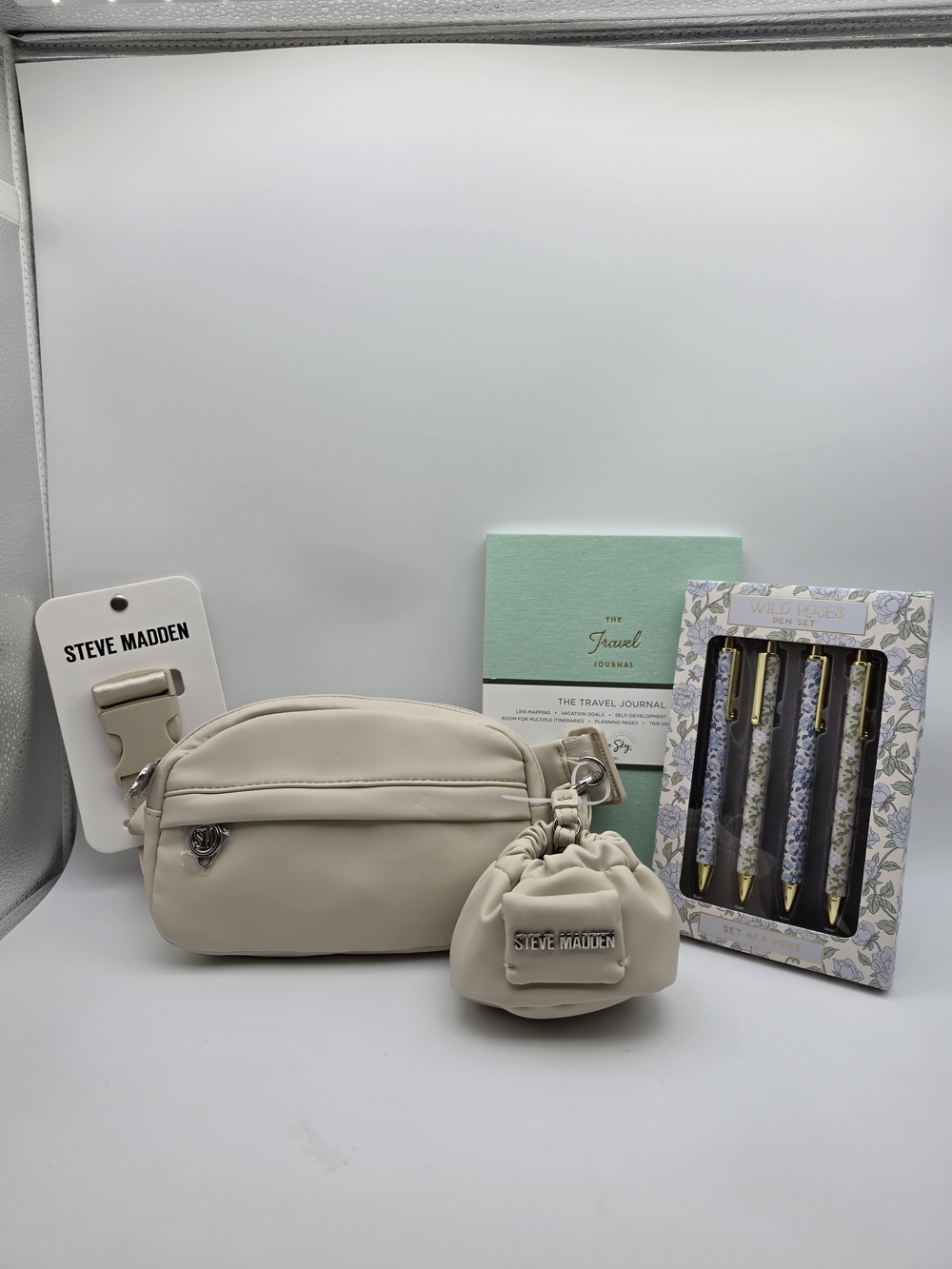 Steve Madden Cream Crossbody with Pouch Travel Set W/Journal & Wild Rose Pens